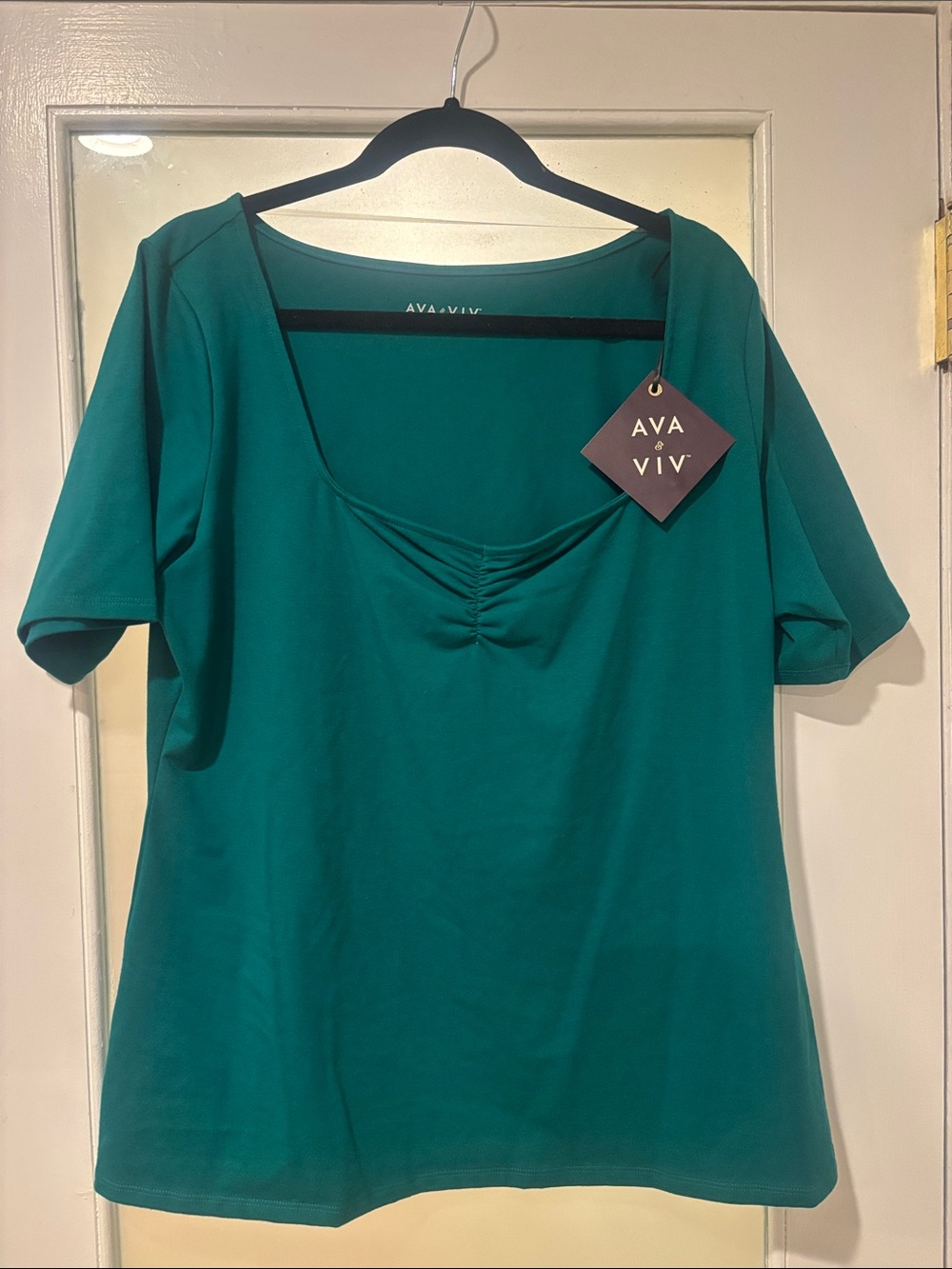 Ava & Viv Teal Scoop-Neck Short Sleeve Top with Front Ruching